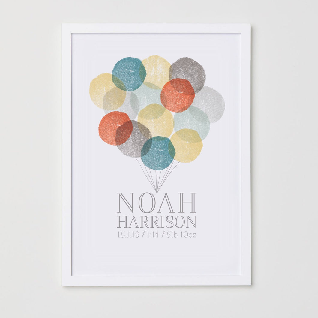 Personalised New Baby Balloons Print - Autumnal Blue