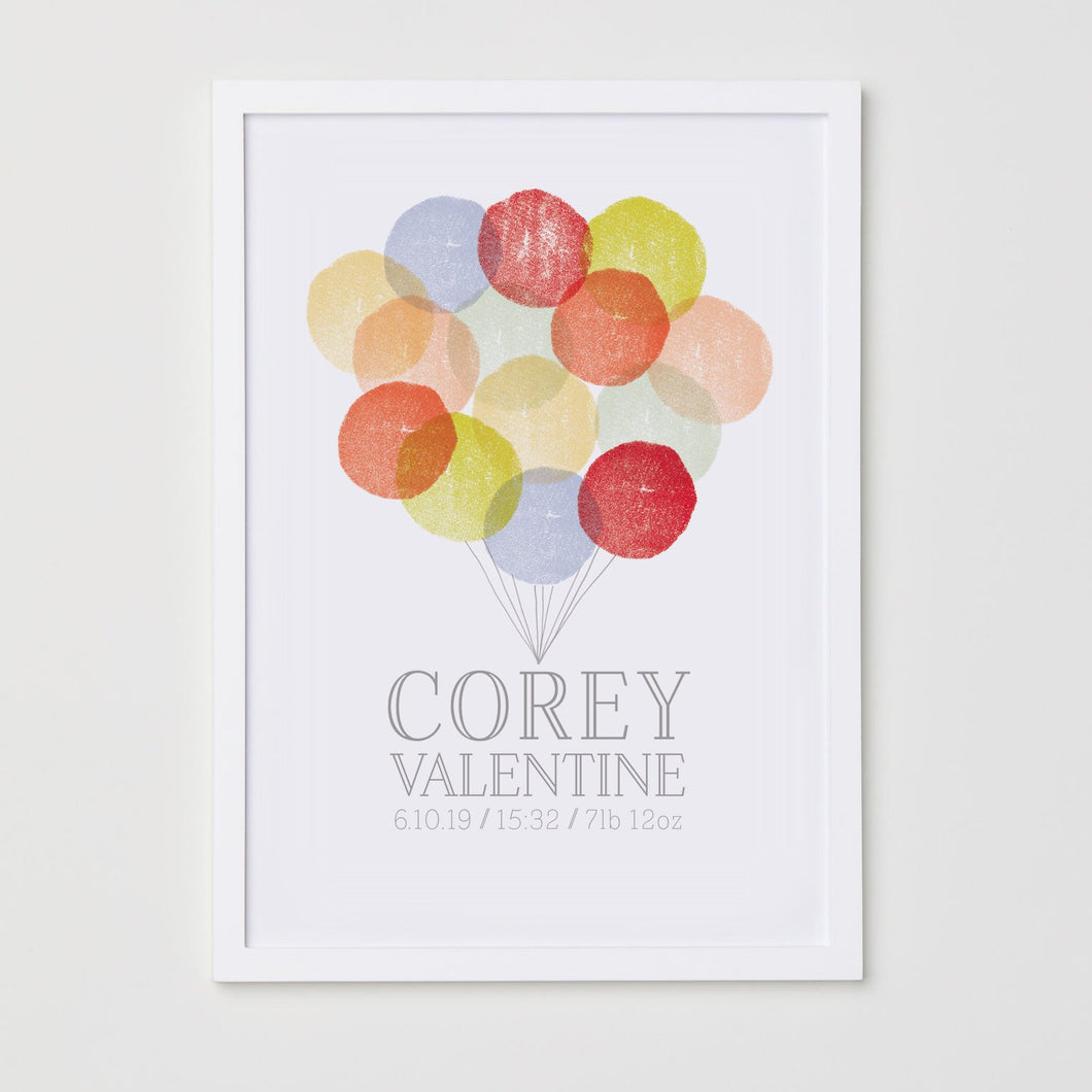 Personalised New Baby Balloons Print - Muted Rainbow