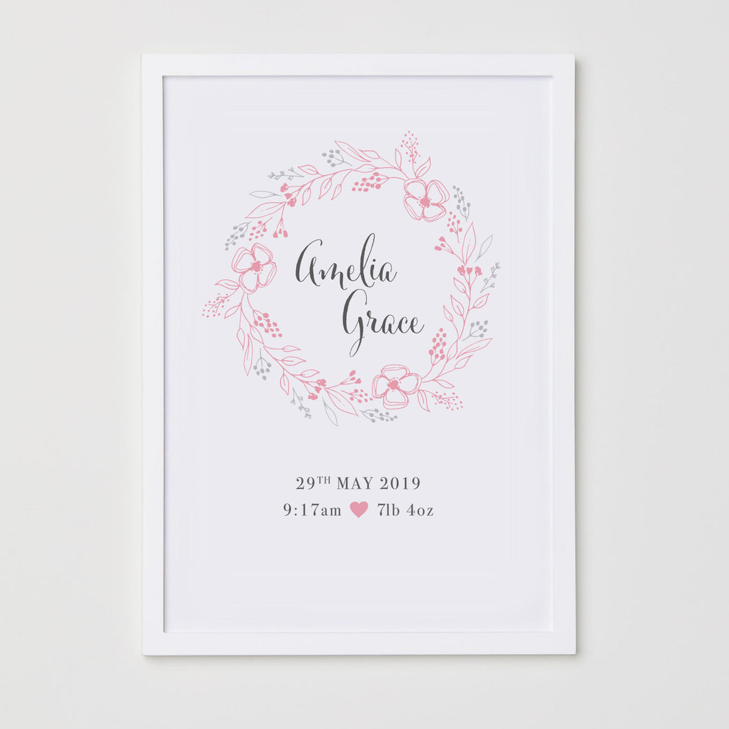 Personalised New Baby Floral Print - Pink